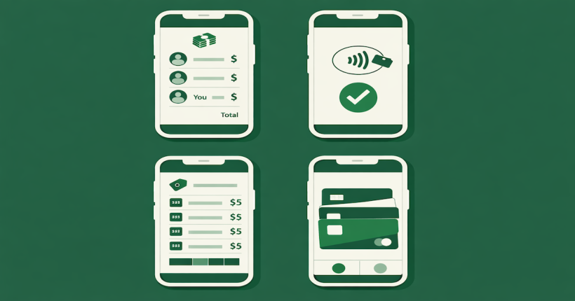 Four payment app interfaces showing peer-to-peer transfers, tap-to-pay checkout, buy now pay later installments, and digital wallet on smartphones in 2026