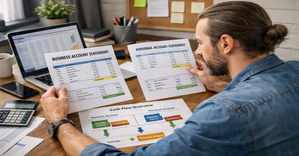 Millennial freelancer working at a computer managing personal and business bank accounts