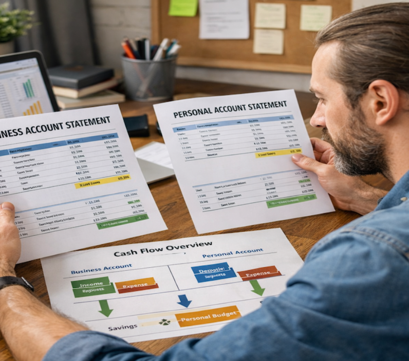 Millennial freelancer working at a computer managing personal and business bank accounts