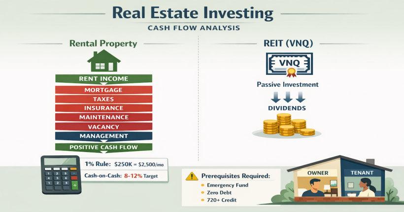 Real estate investing comparison showing rental property cash flow analysis with 1% rule and 50% rule formulas versus REIT passive investing, plus house hacking duplex strategy and Stage 7 prerequisites checklist