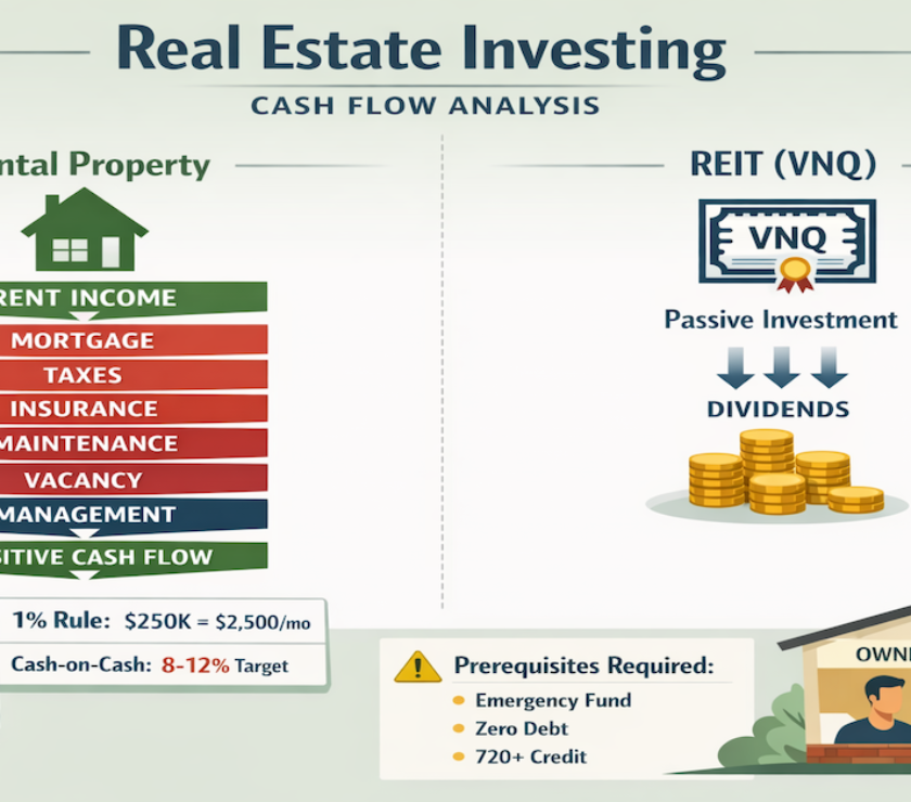 Real estate investing comparison showing rental property cash flow analysis with 1% rule and 50% rule formulas versus REIT passive investing, plus house hacking duplex strategy and Stage 7 prerequisites checklist