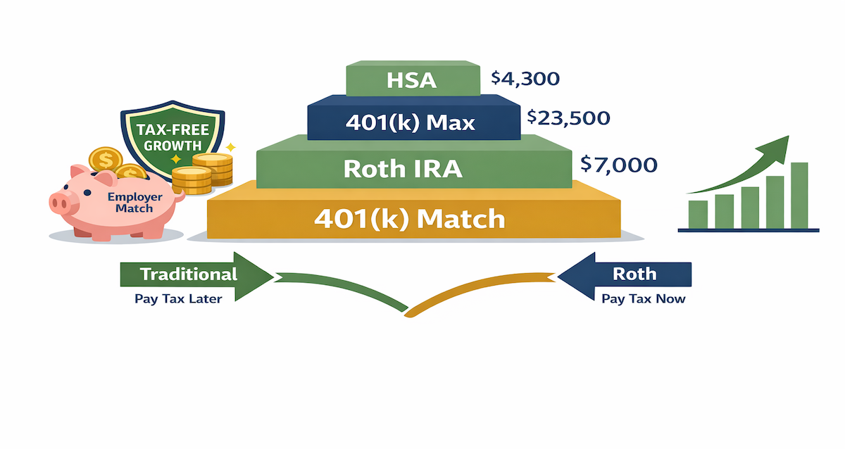 Retirement account priority pyramid showing 401(k) employer match at base, followed by Roth IRA, 401(k) max contributions, and HSA at top, with tax advantages illustrated for each account type and 2026 contribution limits