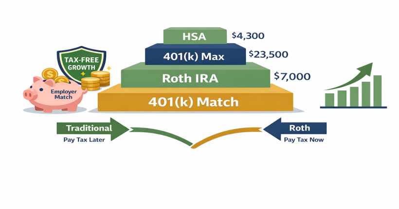 Retirement account priority pyramid showing 401(k) employer match at base, followed by Roth IRA, 401(k) max contributions, and HSA at top, with tax advantages illustrated for each account type and 2026 contribution limits