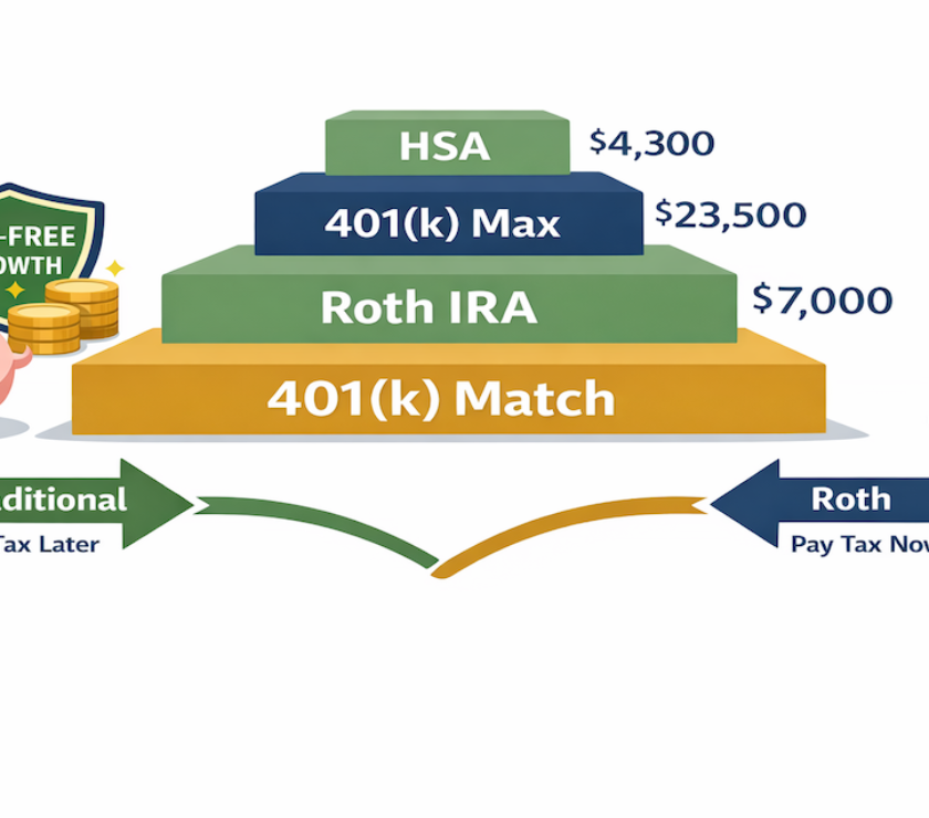 Retirement account priority pyramid showing 401(k) employer match at base, followed by Roth IRA, 401(k) max contributions, and HSA at top, with tax advantages illustrated for each account type and 2026 contribution limits