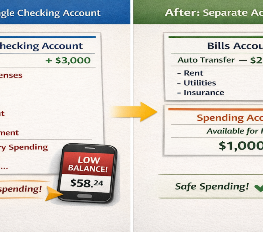 Money flow diagram showing paycheck depositing to main checking, automatic transfer to dedicated bills account, and all fixed monthly bills paying on autopay