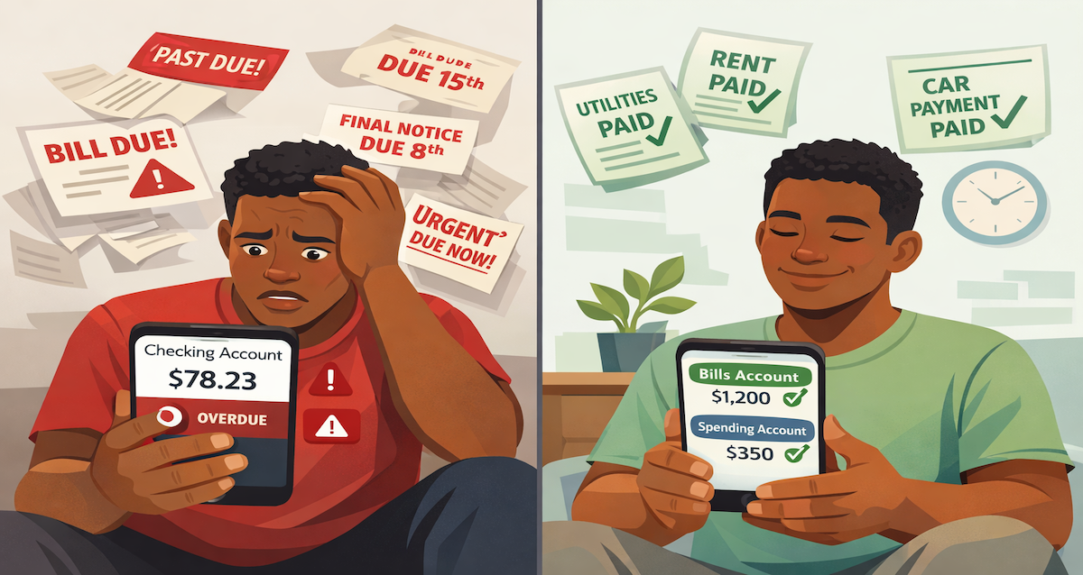 Alt text: Comparison of single account bill chaos versus organized separate bills account system