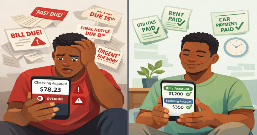 Alt text: Comparison of single account bill chaos versus organized separate bills account system