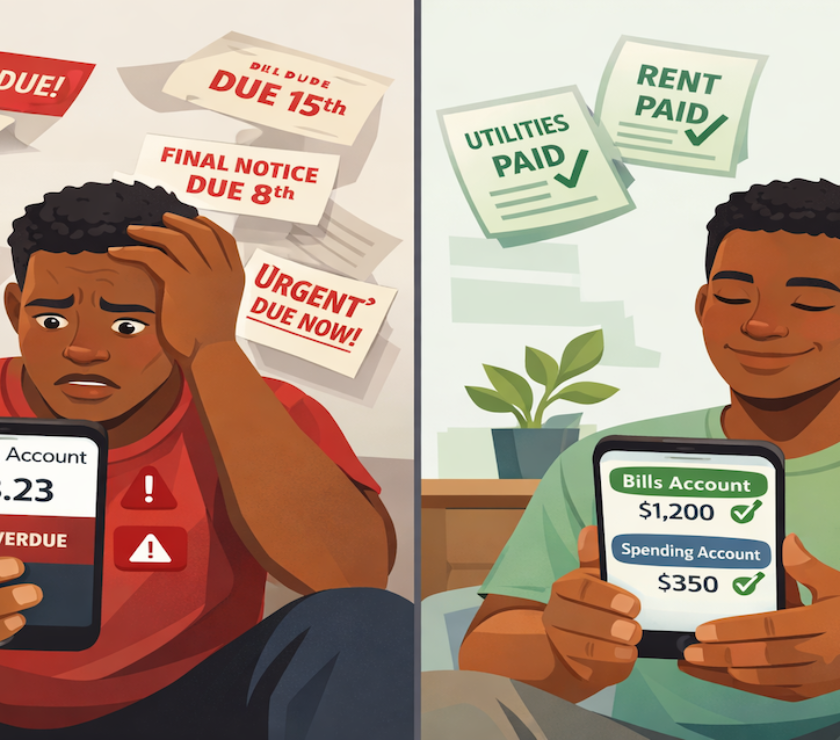 Alt text: Comparison of single account bill chaos versus organized separate bills account system