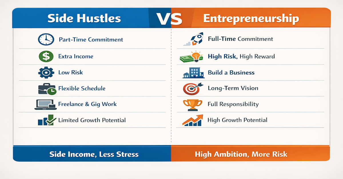 Comparison chart of side hustles versus entrepreneurship