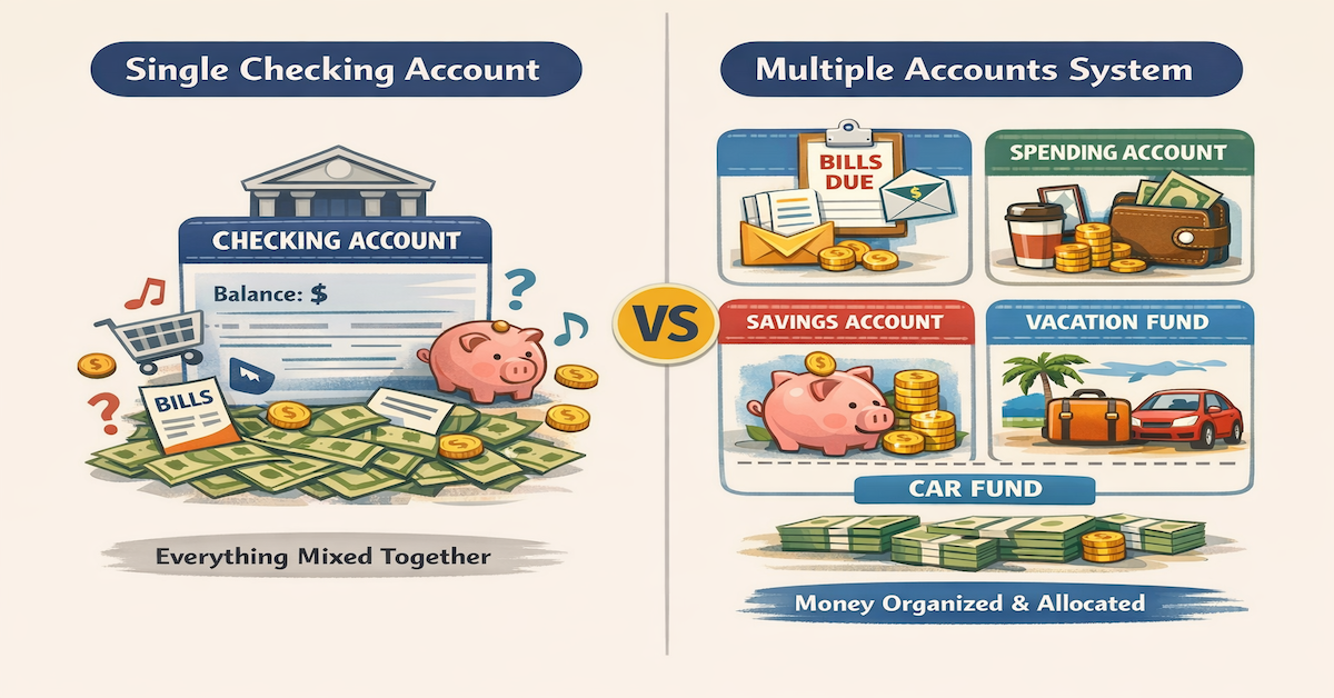 Visual comparison showing single checking account versus organized multi-account system with bills, spending, savings, and specialized accounts