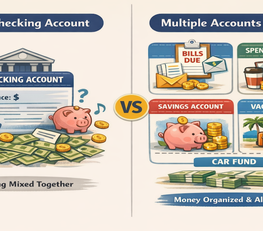 Visual comparison showing single checking account versus organized multi-account system with bills, spending, savings, and specialized accounts
