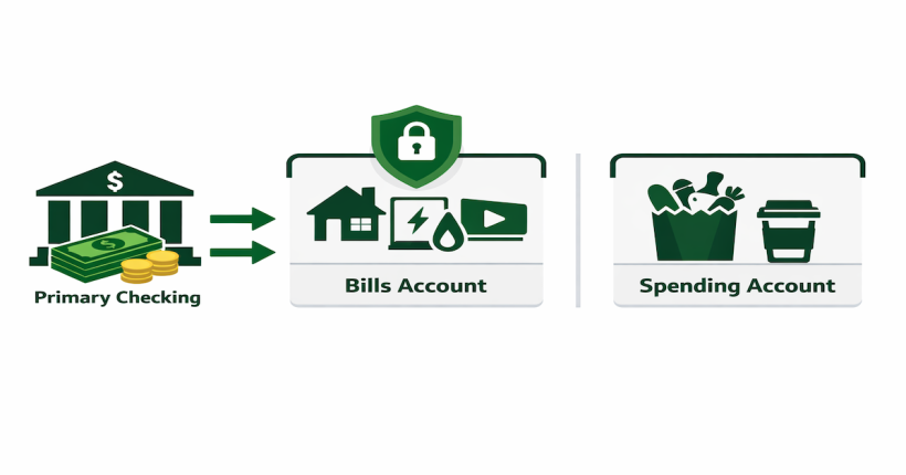 Diagram showing money flowing from a primary checking account into a separate bills-only account and a spending account, illustrating the bills containment system that prevents overdrafts