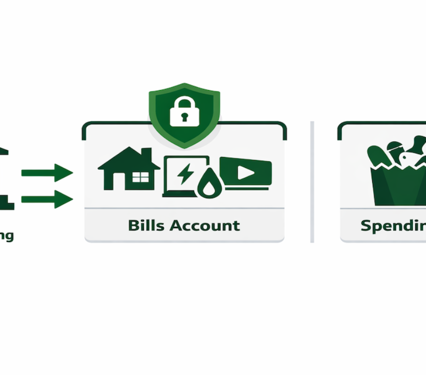 Diagram showing money flowing from a primary checking account into a separate bills-only account and a spending account, illustrating the bills containment system that prevents overdrafts