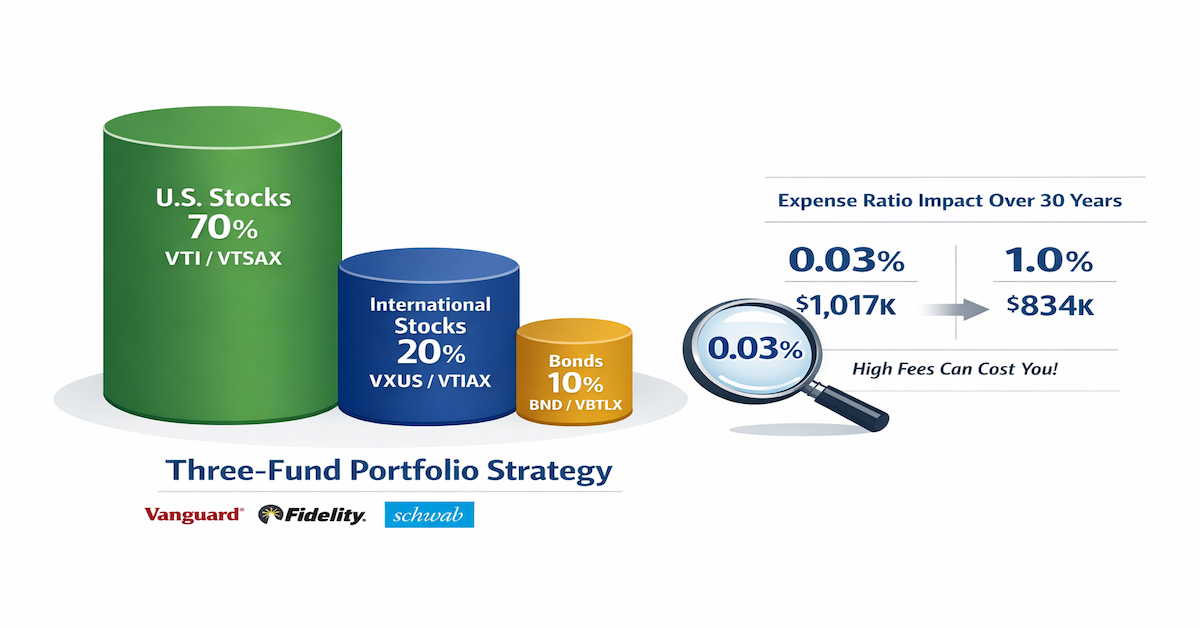 Three-fund portfolio allocation strategy showing 70% U.S. total stock market VTI, 20% international stocks VXUS, 10% bonds BND, with expense ratio comparison demonstrating $183K fee impact over 30 years between low-cost and high-cost index funds
