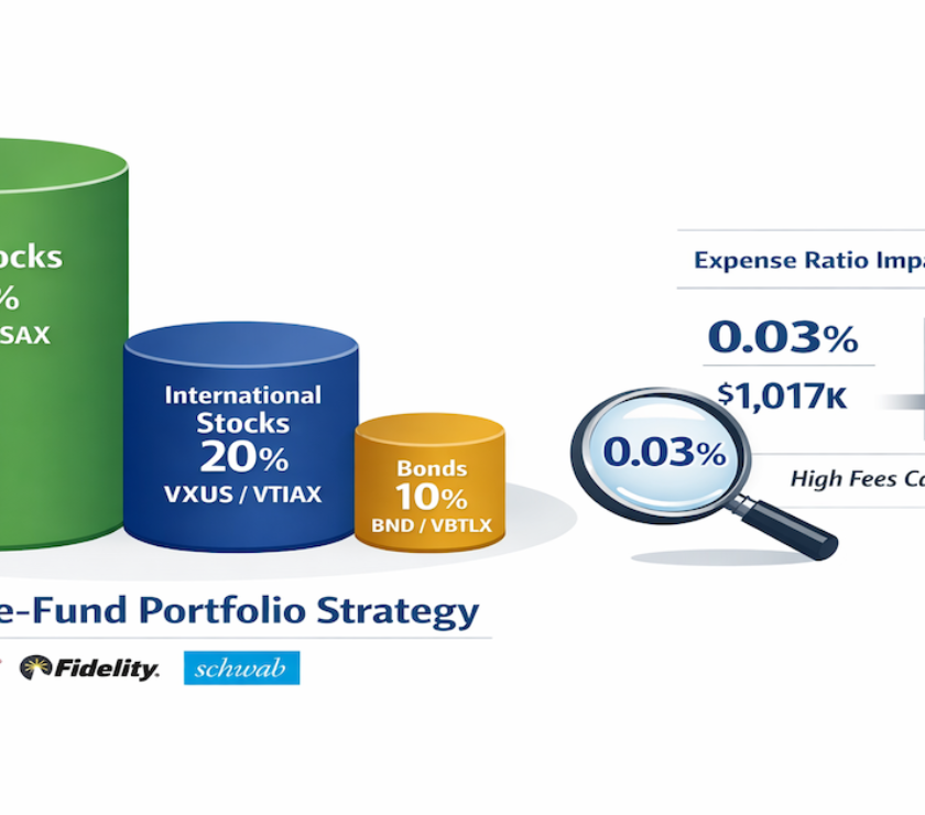 Three-fund portfolio allocation strategy showing 70% U.S. total stock market VTI, 20% international stocks VXUS, 10% bonds BND, with expense ratio comparison demonstrating $183K fee impact over 30 years between low-cost and high-cost index funds