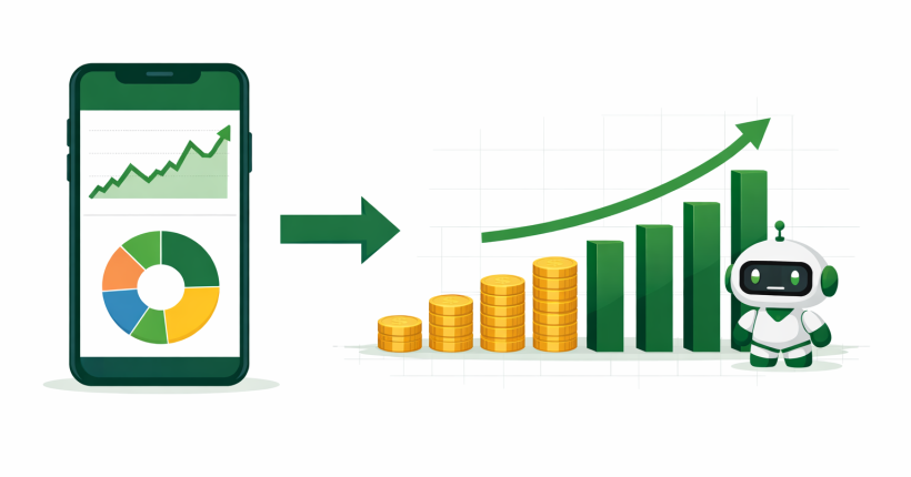 Robo-advisor smartphone dashboard showing automated portfolio management, net worth growth chart, and investment allocation for wealth management technology in 2026