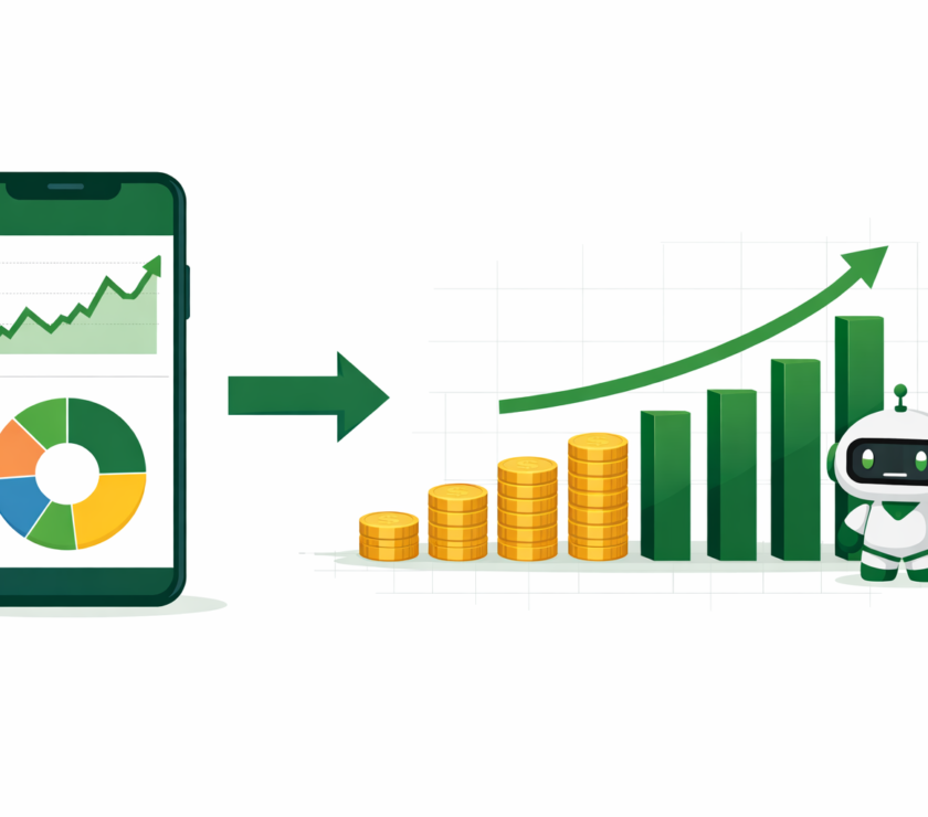 Robo-advisor smartphone dashboard showing automated portfolio management, net worth growth chart, and investment allocation for wealth management technology in 2026