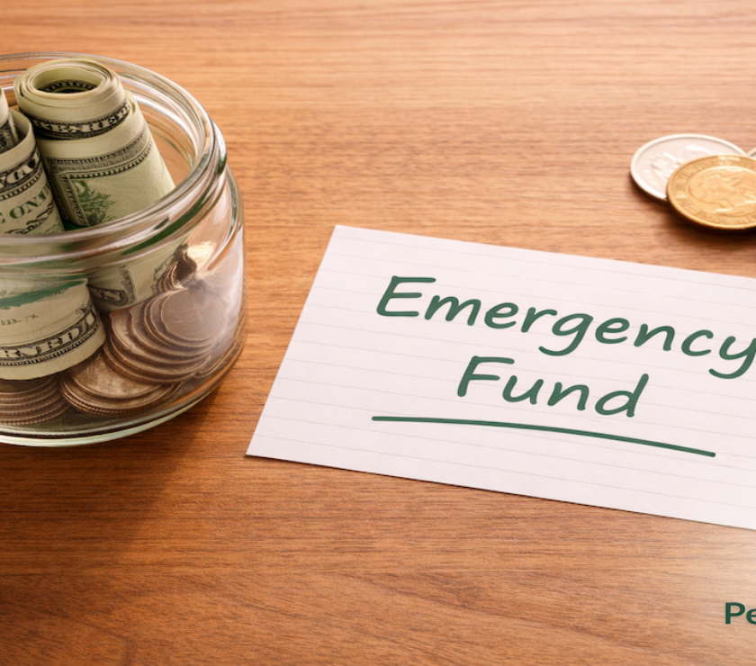 Glass jar partially filled with bills and coins beside a handwritten emergency fund note on a warm wood surface