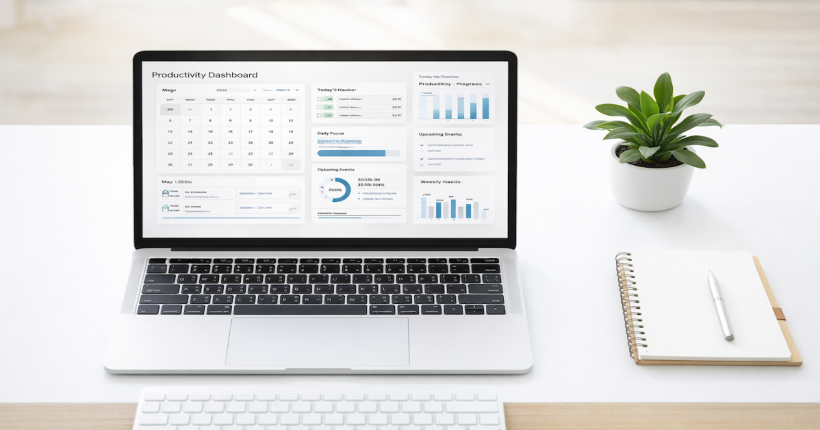 Clean modern workspace with laptop displaying a productivity dashboard, representing AI tool setup for small business owners