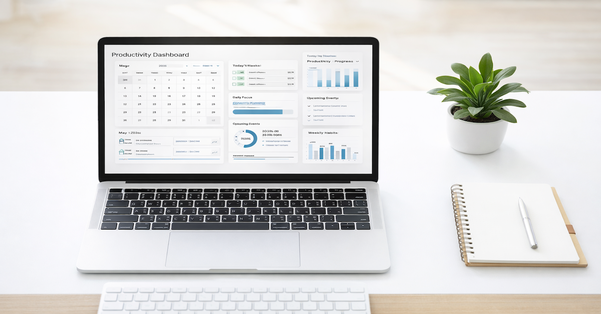 Clean modern workspace with laptop displaying a productivity dashboard, representing AI tool setup for small business owners