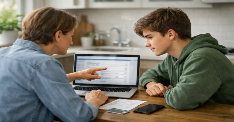 Parent and teenager reviewing a credit card account together at a kitchen table to discuss authorized user credit building.