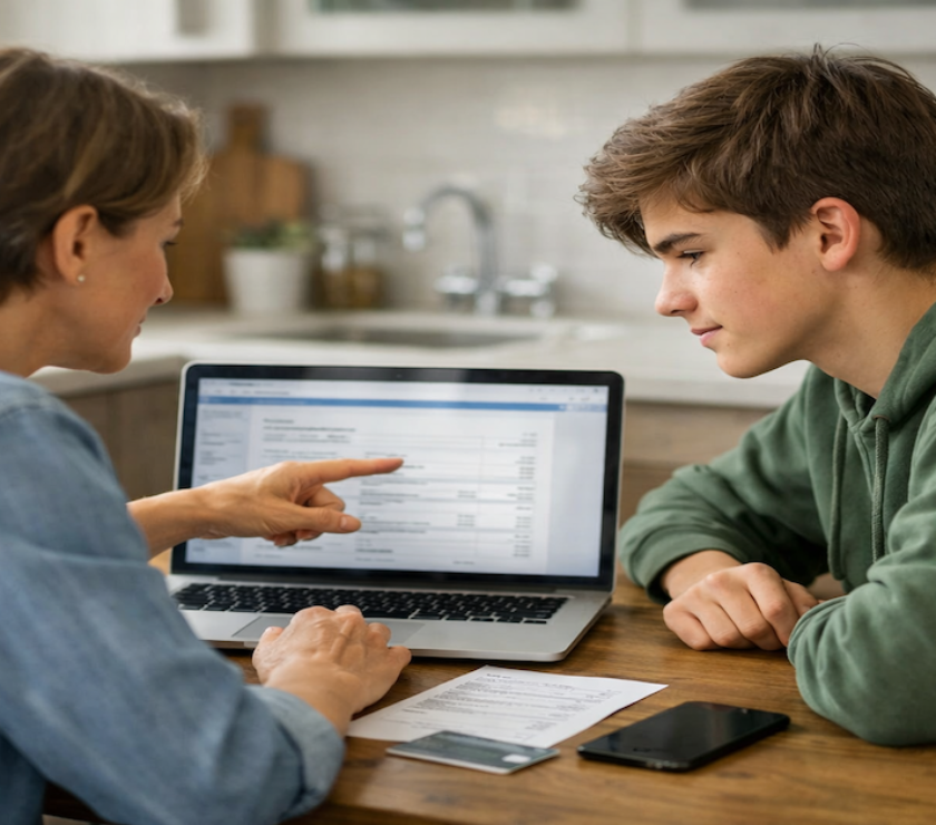 Parent and teenager reviewing a credit card account together at a kitchen table to discuss authorized user credit building.