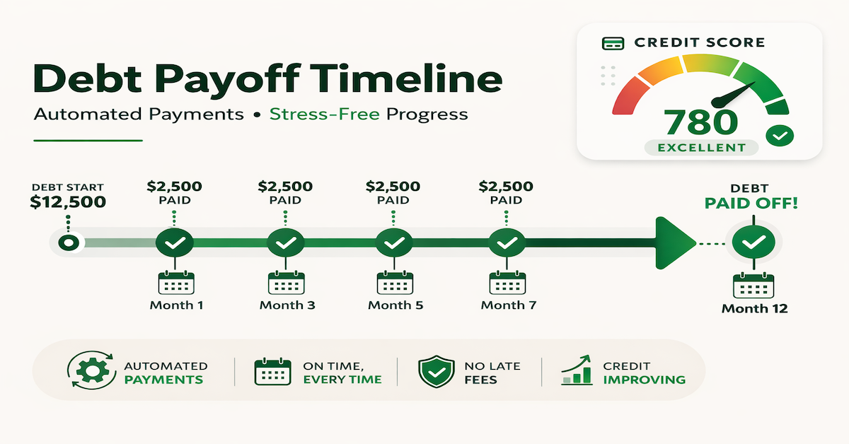 Automated debt payment system showing scheduled autopay intervals reducing loan balance while maintaining a healthy credit score