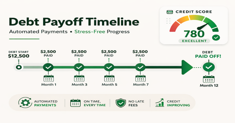 Automated debt payment system showing scheduled autopay intervals reducing loan balance while maintaining a healthy credit score