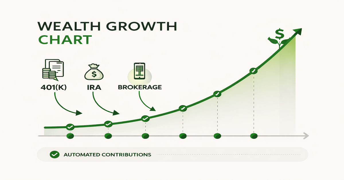 Investment automation chart showing consistent automated contributions to 401k, Roth IRA, and brokerage accounts building wealth through compound growth