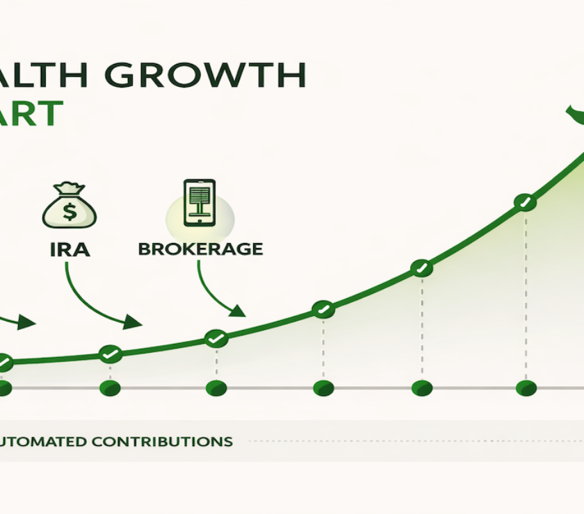Investment automation chart showing consistent automated contributions to 401k, Roth IRA, and brokerage accounts building wealth through compound growth