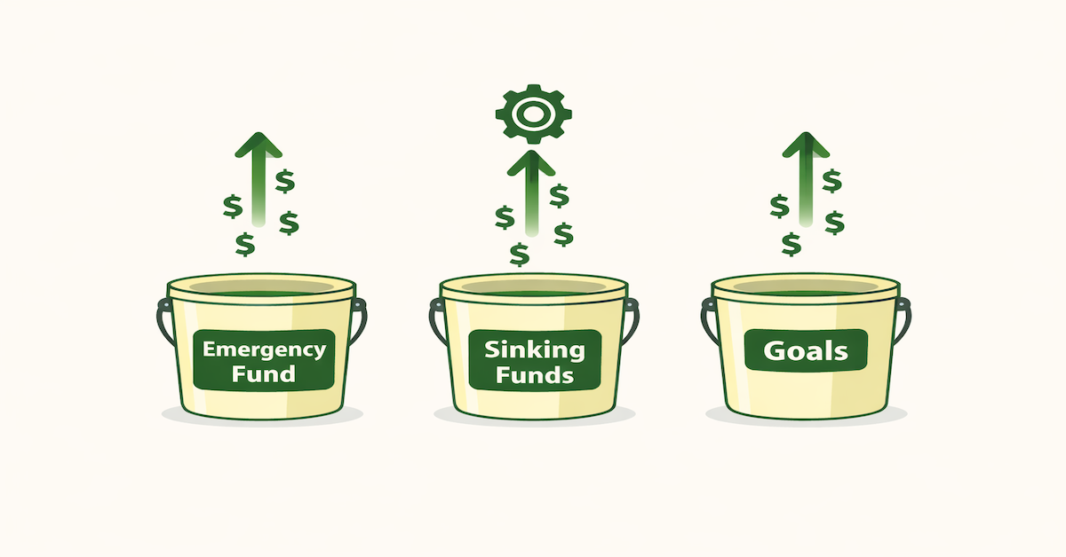 Automated savings system showing money splitting automatically into emergency fund, sinking funds, and savings goals buckets