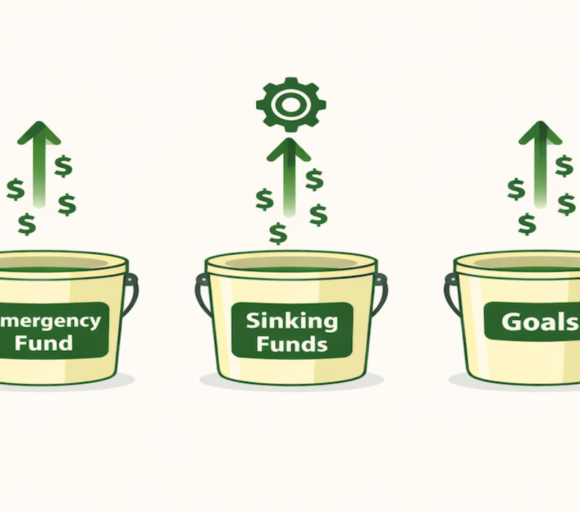 Automated savings system showing money splitting automatically into emergency fund, sinking funds, and savings goals buckets