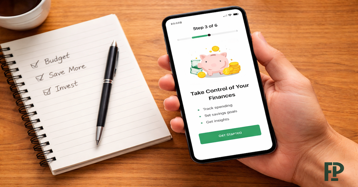 Hand holding a smartphone showing a financial app onboarding screen step 3 of 6 beside a checklist notebook on a wood surface