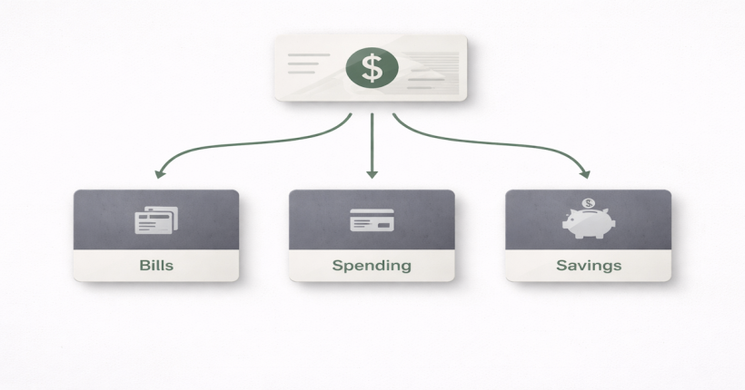 Diagram showing three-account banking structure with income flowing into separate bills, spending, and savings accounts