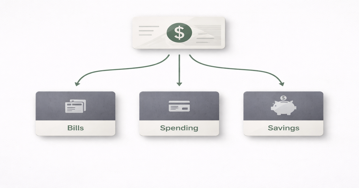 Diagram showing three-account banking structure with income flowing into separate bills, spending, and savings accounts