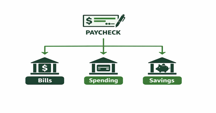 Diagram showing a multi-account banking structure with separate bill, spending, and savings accounts connected by automated transfer arrows