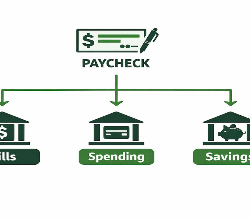 Diagram showing a multi-account banking structure with separate bill, spending, and savings accounts connected by automated transfer arrows