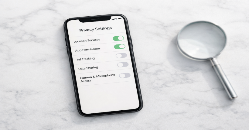 Smartphone showing a privacy settings screen with toggle switches beside a small magnifying glass on a white marble surface