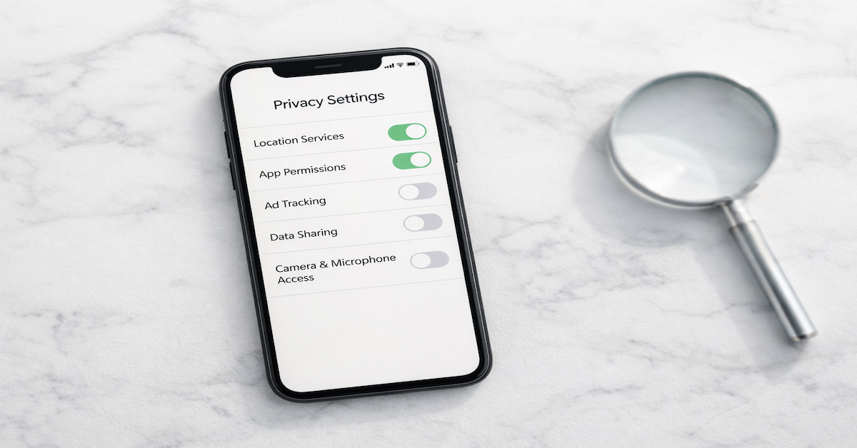 Smartphone showing a privacy settings screen with toggle switches beside a small magnifying glass on a white marble surface