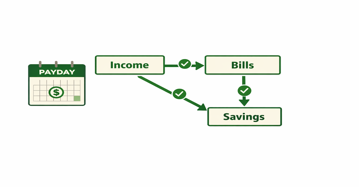 Banking infrastructure automation diagram showing income routing from paycheck to bills, savings, and spending accounts automatically