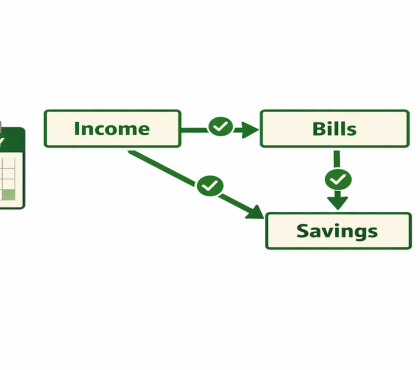 Banking infrastructure automation diagram showing income routing from paycheck to bills, savings, and spending accounts automatically