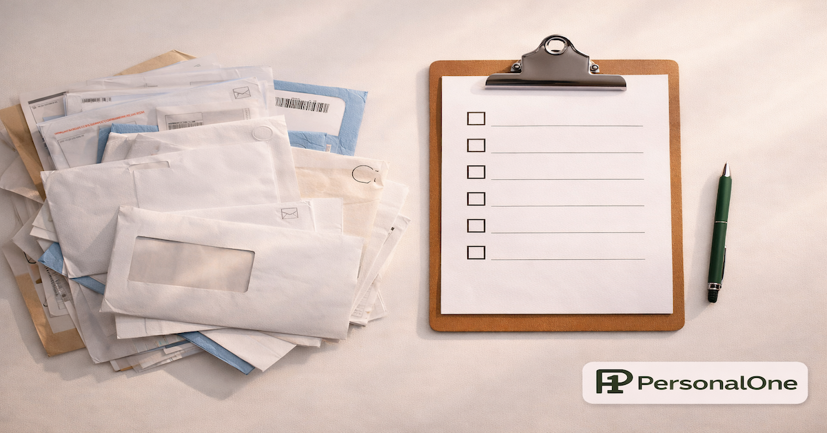 Pile of unopened bills beside a clean clipboard with a blank recovery checklist and green pen on a white desk — PersonalOne