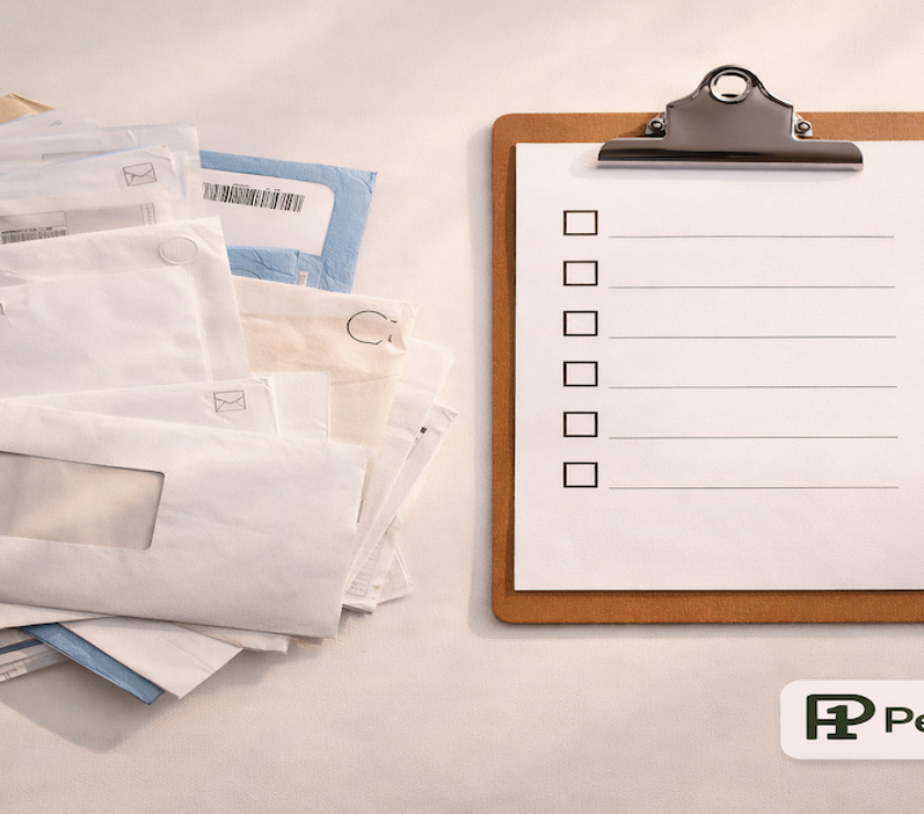 Pile of unopened bills beside a clean clipboard with a blank recovery checklist and green pen on a white desk — PersonalOne