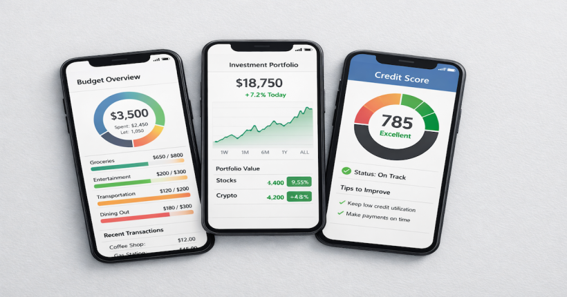 Three smartphones in a fan arrangement showing a budgeting dashboard, investment chart, and credit score screen on a light gray surface