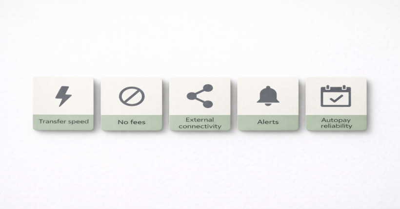 Five critical bank features for financial automation displayed as icon cards: transfer speed, no fees, external account connectivity, alert capabilities, and autopay reliability