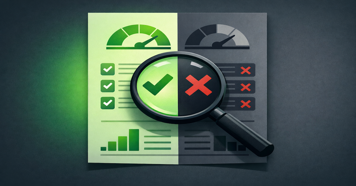 Illustration of a magnifying glass reviewing a credit repair document, distinguishing legitimate services from fraudulent ones