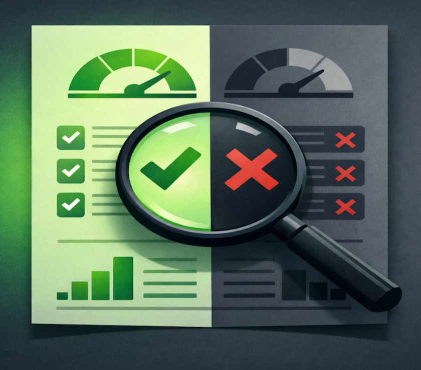 Illustration of a magnifying glass reviewing a credit repair document, distinguishing legitimate services from fraudulent ones