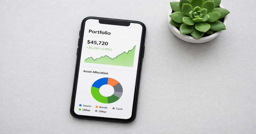 Smartphone showing a simple portfolio dashboard with a green trend line and allocation chart on a light gray surface