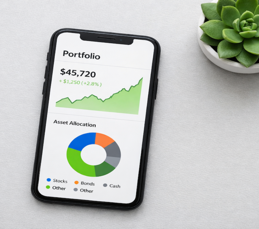 Smartphone showing a simple portfolio dashboard with a green trend line and allocation chart on a light gray surface