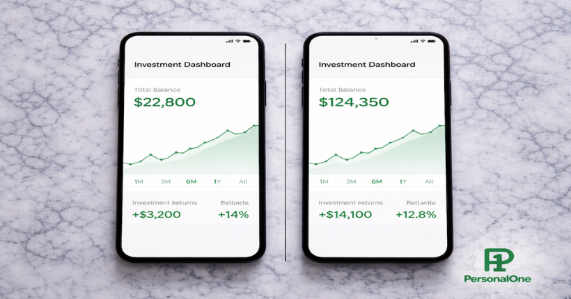 Two smartphones side by side each displaying a simple investment dashboard with green line charts on a white marble surface